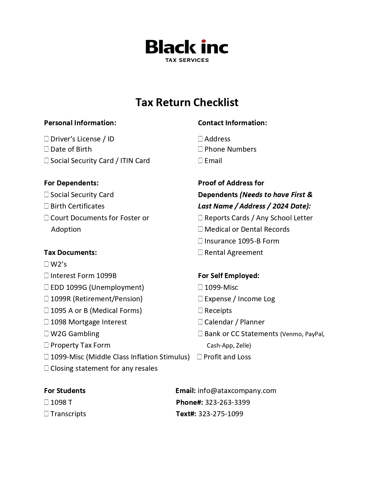 Tax Return Checklist